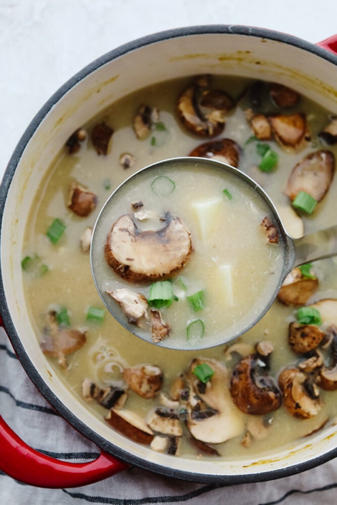 Hot and sour soup is savory, delicious and makes my mouth water just thinking about it! You can't beat a soup that's filled with mushrooms, bamboo shoots, tofu and veggies. It tastes better than at a restaurant! Hot and sour soup being served with a ladel.
