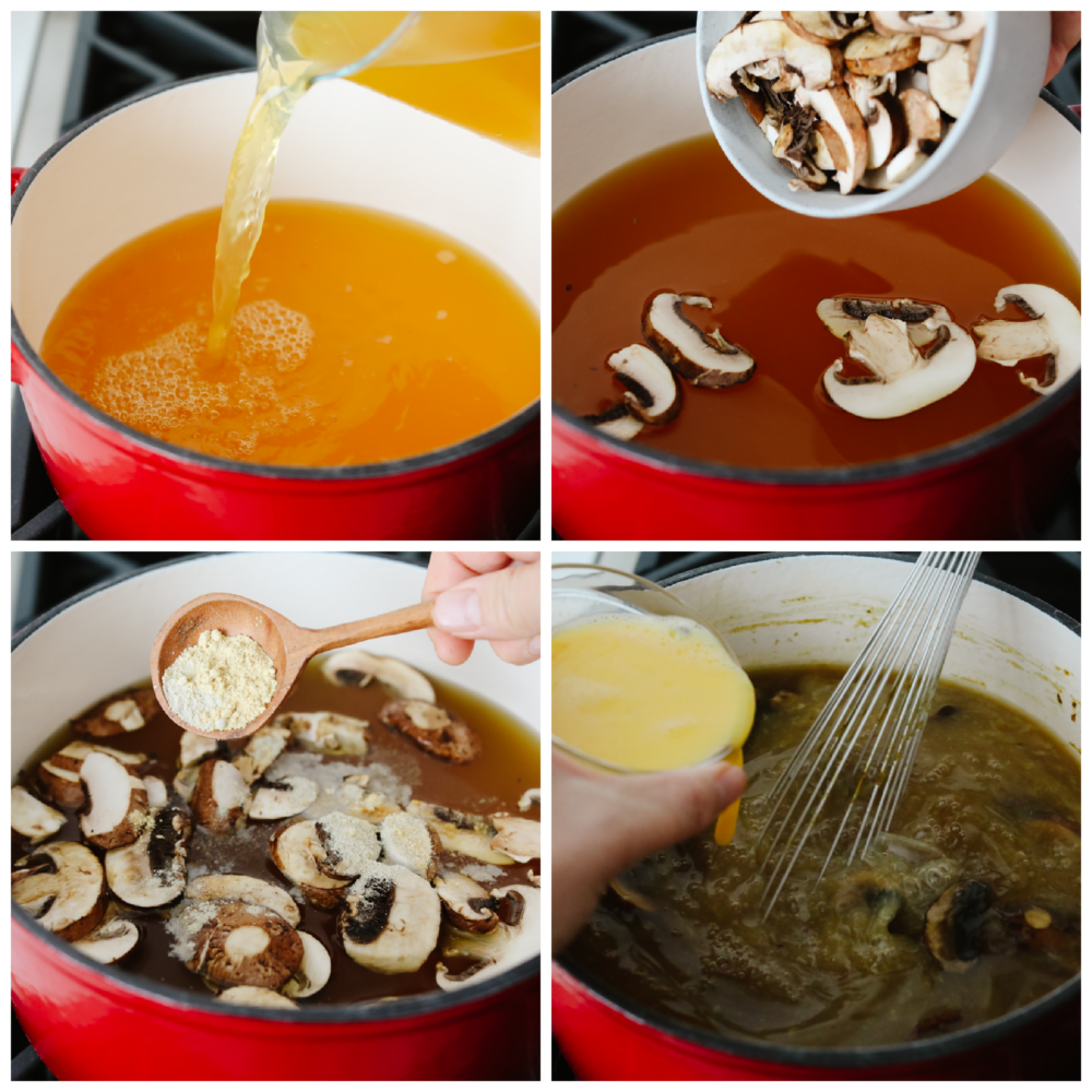 Hot and sour soup is savory, delicious and makes my mouth water just thinking about it! You can't beat a soup that's filled with mushrooms, bamboo shoots, tofu and veggies. It tastes better than at a restaurant! 4 pictures showing the steps of how to pour in the broth and the veggies.