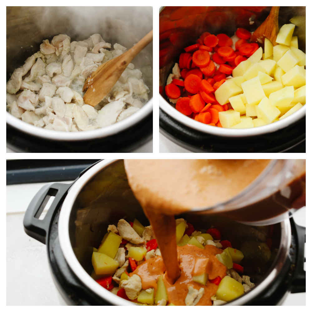 This massaman curry is insanely delicious!! Tender and juicy chicken mixed with a creamy blend of flavors gives it the best taste that ALL of your guests will love!! 3 pictures showing steps on how to add chicken, veggies and sauce to an instant pot.