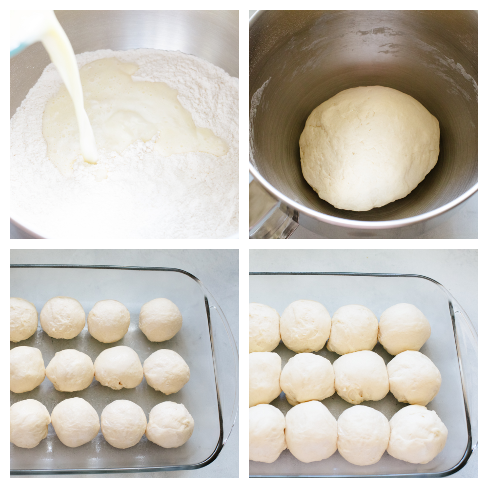 These 1-hour dinner rolls are the perfect solution for making fresh bread in a pinch! This easy and delicious roll recipe will become your new favorite, just in time for the holidays! First process shot of preparing the roll dough. Second process shot of the dough rising in the bowl. Third process shot of the rolls in a pan. Fourth process photo of the rolls raised in a pan and ready to bake.