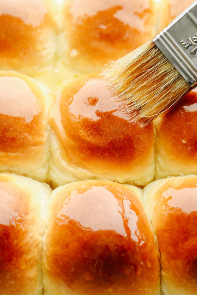 These 1-hour dinner rolls are the perfect solution for making fresh bread in a pinch! This easy and delicious roll recipe will become your new favorite, just in time for the holidays! Brushing melted butter on top.