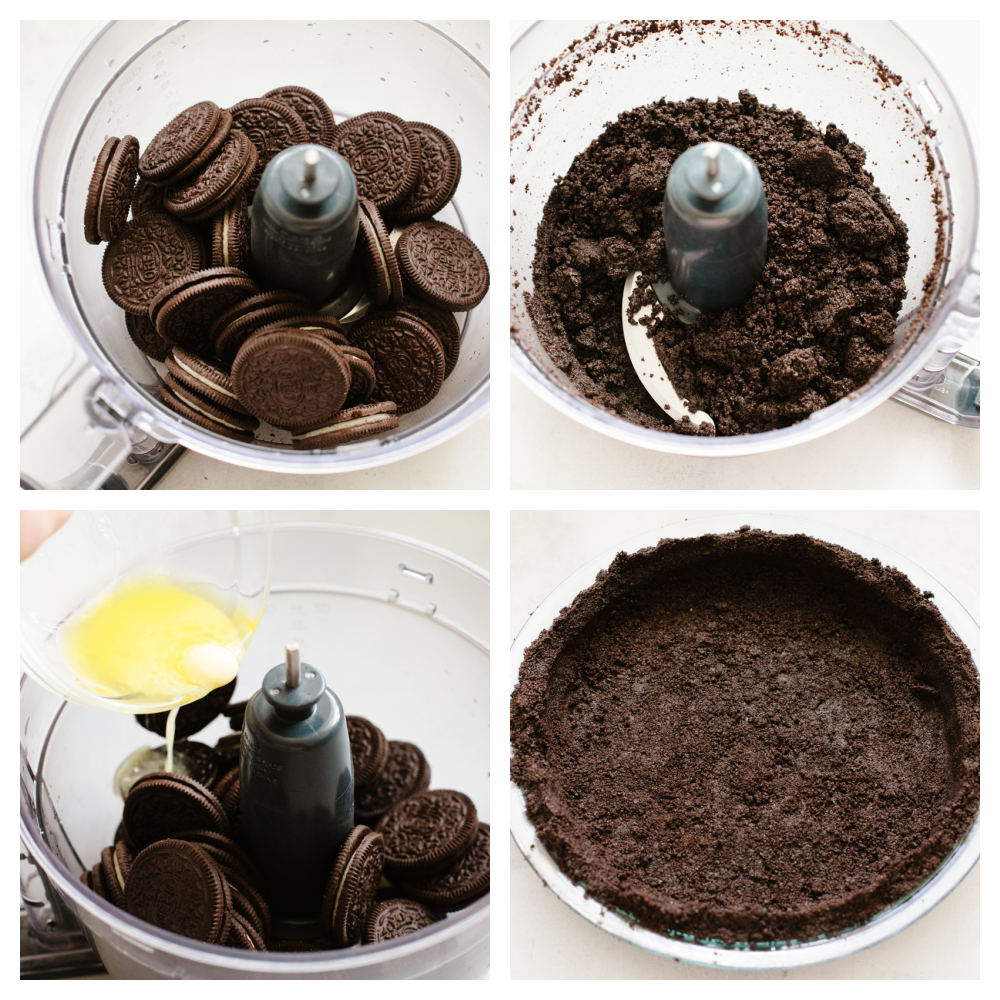 This Oreo pie crust is simple and delicious and it only takes 10 minutes to make! The chocolatey taste of Oreo's mixed with a creamy pie filling will make any pie taste SOO GOOD! 4 pictures showing how to use and mix Oreos.