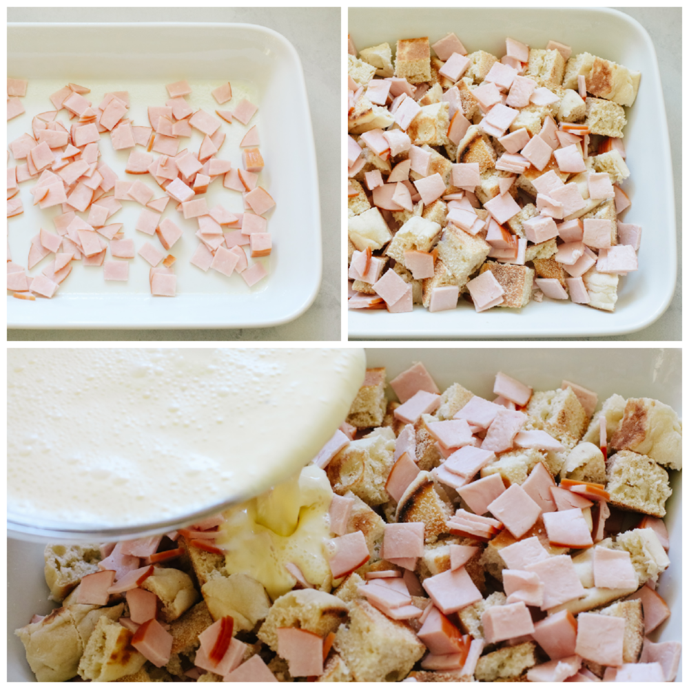 This overnight eggs benedict casserole is super easy to make and loaded with flavor! With layers of English muffins and Canadian bacon, all topped with a zesty hollandaise sauce, breakfast doesnโt get better than this! Process shots of layering eggs benedict casserole.