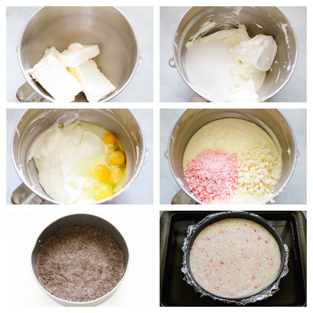 Peppermint cheesecake is creamy and delicious! It has the perfect oreo crust and is topped with crushed peppermint and whipped cream. This will definitely get a "WOW!" from all of your guests this holiday season! 6 pictures showing steps on how to mix cheesecake batter.