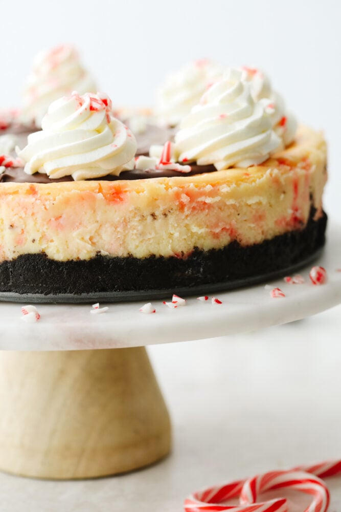 Peppermint cheesecake is creamy and delicious! It has the perfect oreo crust and is topped with crushed peppermint and whipped cream. This will definitely get a "WOW!" from all of your guests this holiday season! Peppermint cheesecake on a cake stand.