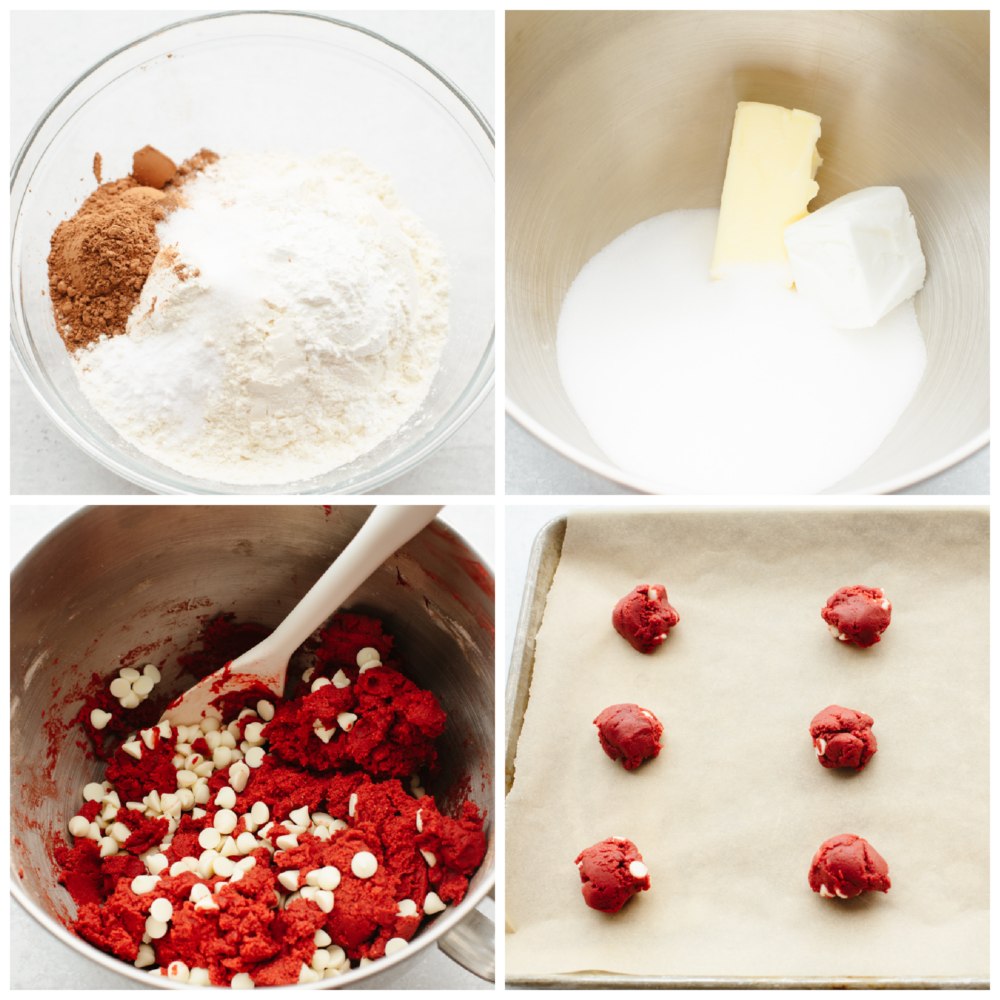 Delicious and chewy red velvet cookies with white chocolate chips. Rich, sweet, with a hint of tang, this is the dessert you'll be needing for all of your holiday parties! Process shots of preparing batter and shaping red velvet white chocolate chip cookies.