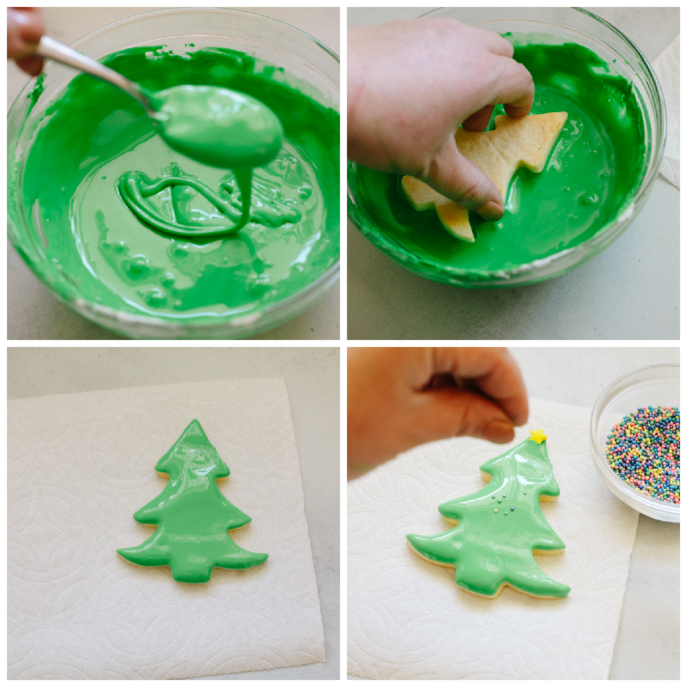 If you're wanting a dessert that is both festive and delicious, look no further! These Christmas tree sugar cookies will shine at any holiday party! Process shots of dipping cookie into frosting and adding sprinkles.