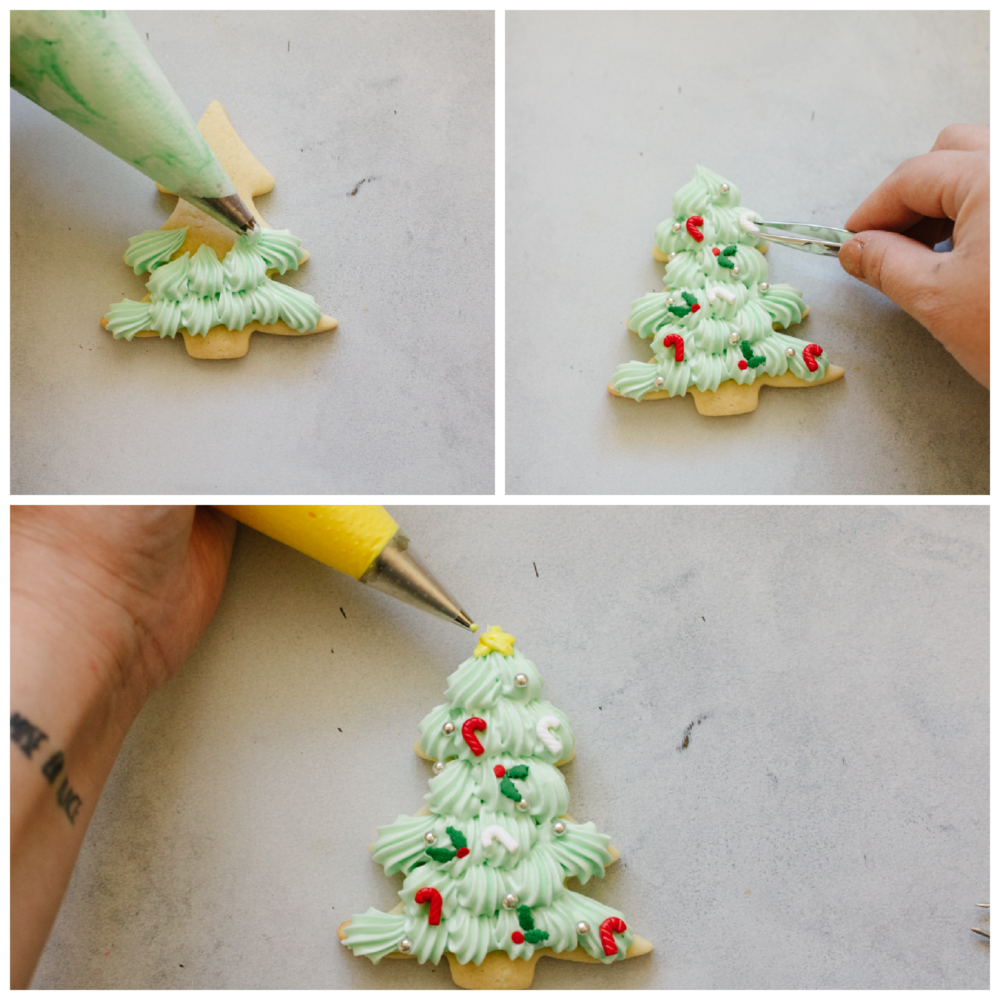 If you're wanting a dessert that is both festive and delicious, look no further! These Christmas tree sugar cookies will shine at any holiday party! Frosting a Christmas tree cookie and adding candy cane detailing.