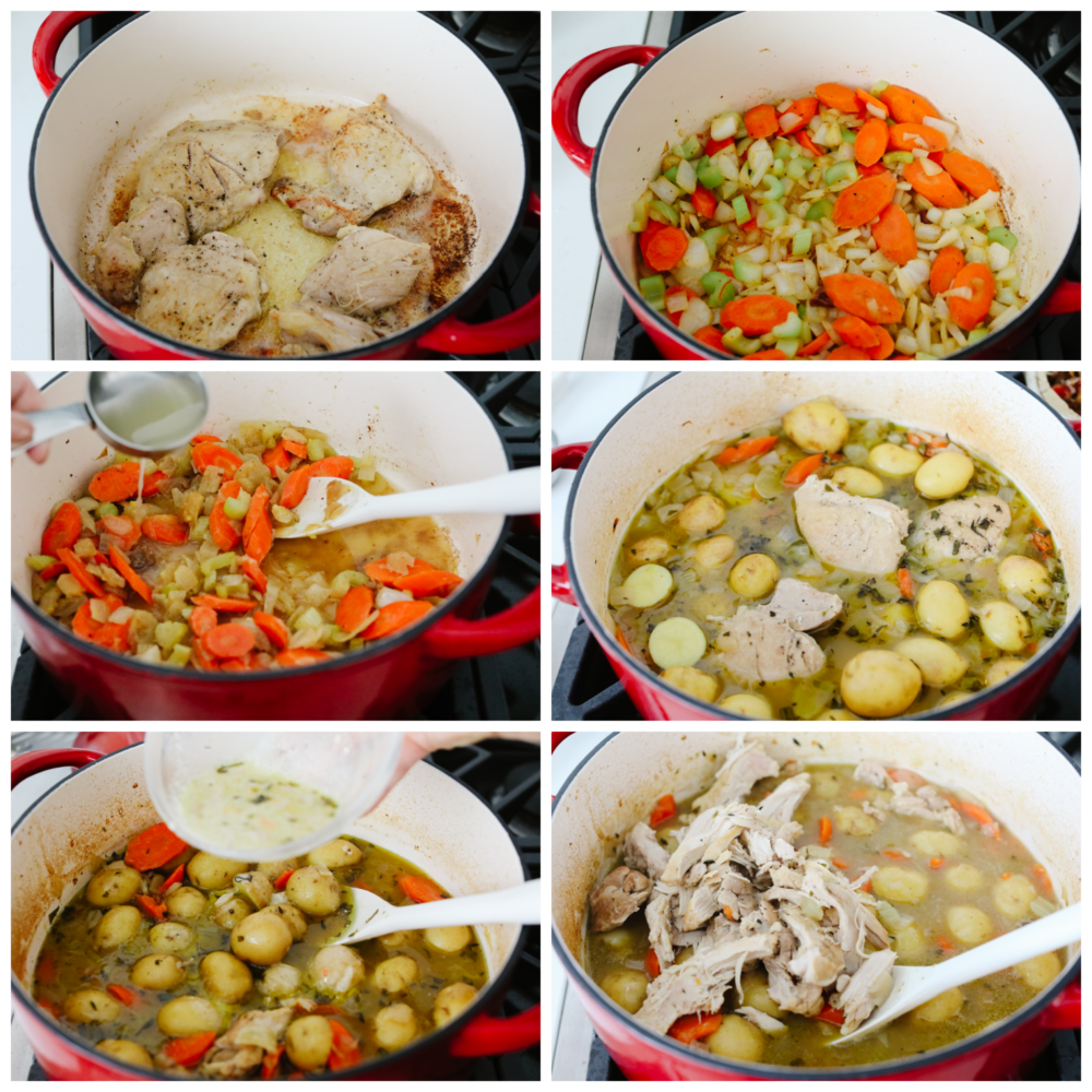 Chicken Stew is hearty, filling, and comforting! It is the perfect dish for Sunday dinner or a cold rainy day! This chicken stew is made with potatoes, carrots, onions, celery, and chicken cooked until fall-apart tender. 6 pictures showing how to cook veggies and chicken for stew.