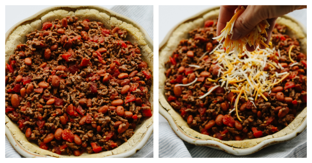 This taco pie is the ultimate Mexican casserole! It's a seasoned homemade crust filled with taco meat, cheese, beans, and tomatoes. It's a MUST TRY recipe for sure! 2 pictures showing how to fill a crust with meat and cheese.