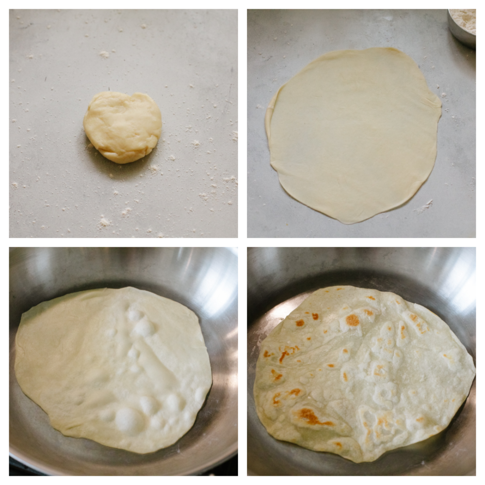 These homemade tortillas not only taste amazing but they are simple and easy to make. They will knock your socks off and take any recipe to the next level! 4 pictures showing how to roll out the dough and cook it.