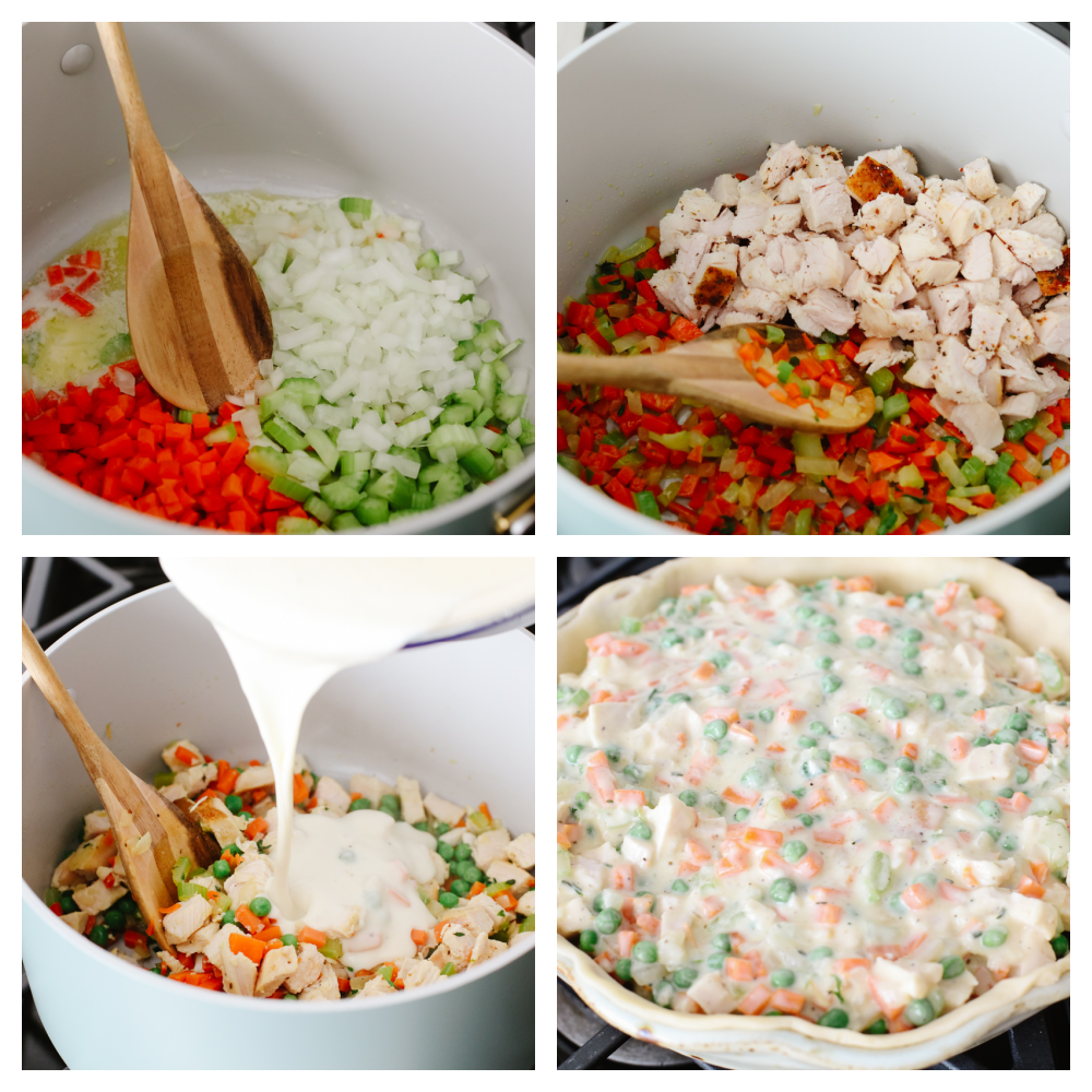This turkey pot pie is a hearty and classic dinner! It has a flakey crust and a creamy, vegetable and turkey filling that your entire family will go crazy over! 4 steps showing how to mix turkey and vegetables with the sauce and place it in the crust.