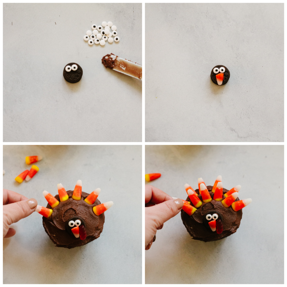 These turkey cupcakes are cute, festive, and oh so delicious! Your kids will love making these and they are perfect for the Thanksgiving season! 4 pictures showing steps on how to decorate a cupcake.