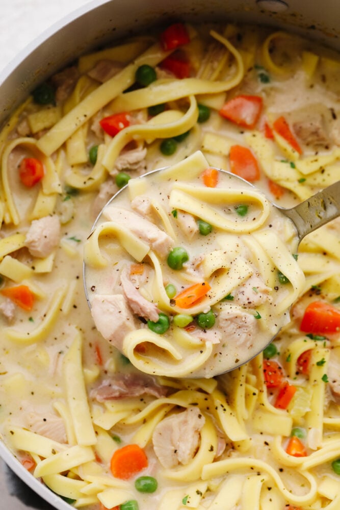 Making a big pot of turkey noodle soup is the best way to use up your Thanksgiving leftovers! Itโs creamy, savory, and filled with delicious herbs and veggies! Your family is going to love this easy, hearty meal. Hero image of a ladle scooping up turkey noodle soup.