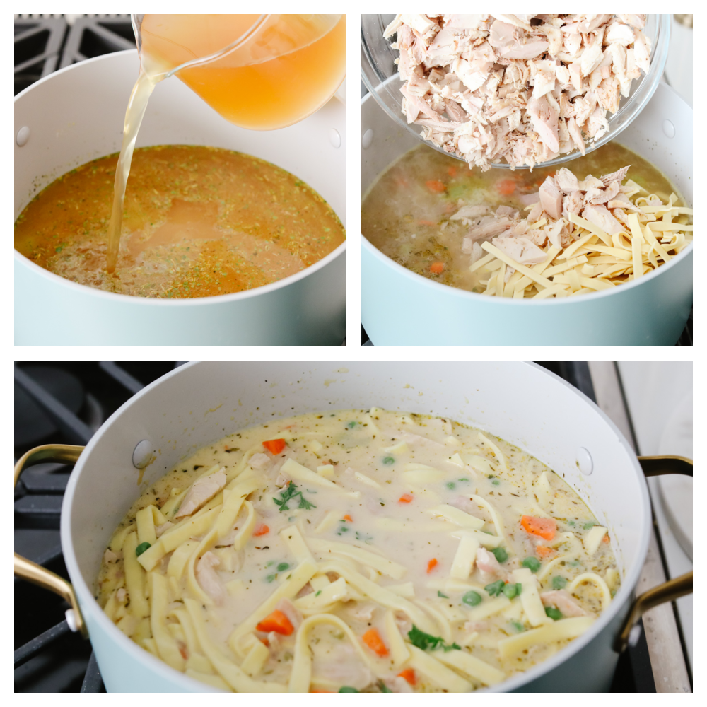 Making a big pot of turkey noodle soup is the best way to use up your Thanksgiving leftovers! Itโs creamy, savory, and filled with delicious herbs and veggies! Your family is going to love this easy, hearty meal. 3-photo collage of soup ingredients being added to a large pot.