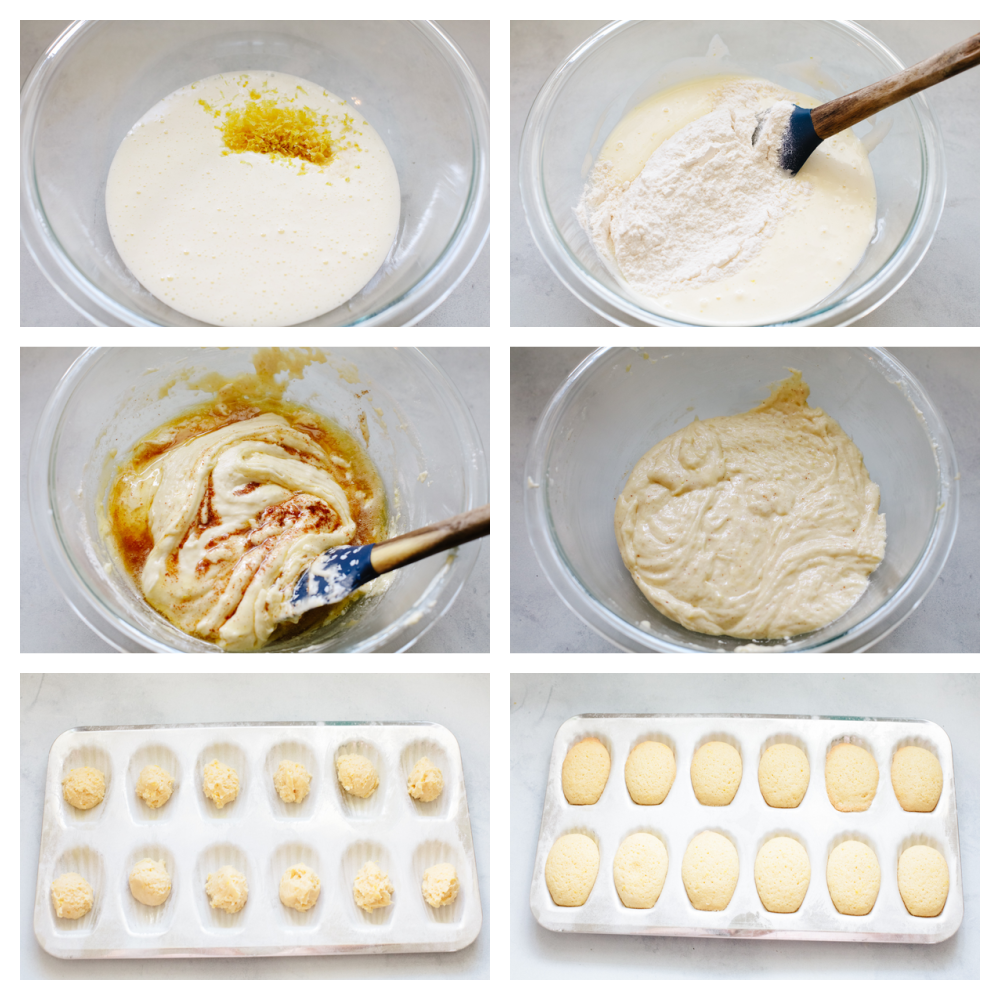 Madeleines are the perfect mix between a cookie and a cake! Their gorgeous shell-like shape topped with some chocolate and powdered sugar makes this a treat fit for a king! 6 pictures showing the steps for how to make madeleine dough.