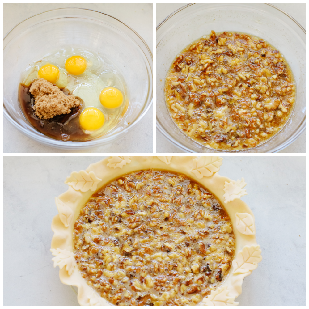 This sweet and nutty walnut pie is the perfect dessert for all of your holiday parties. There are flavors of caramelized brown sugar and butter running throughout, making each bite a dream! Process shots of preparing pie filling and adding to crust.