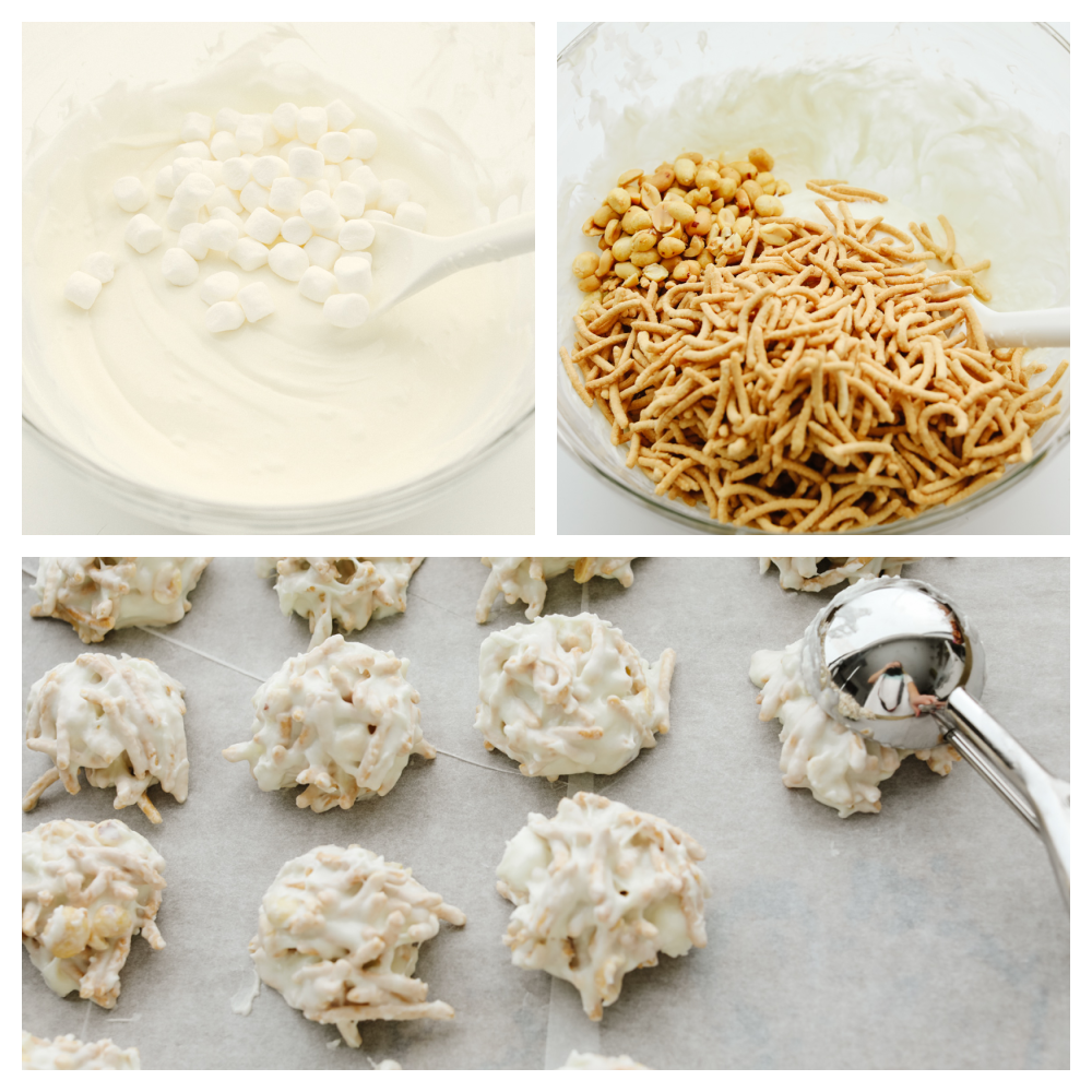 Haystack cookies are perfect for the holidays! They are festive, have the perfect crunch, and are so good that you won't be able to stop at just one! 3 pictures showing how to mix marshmallows and white chocolate with chow mein noodles.