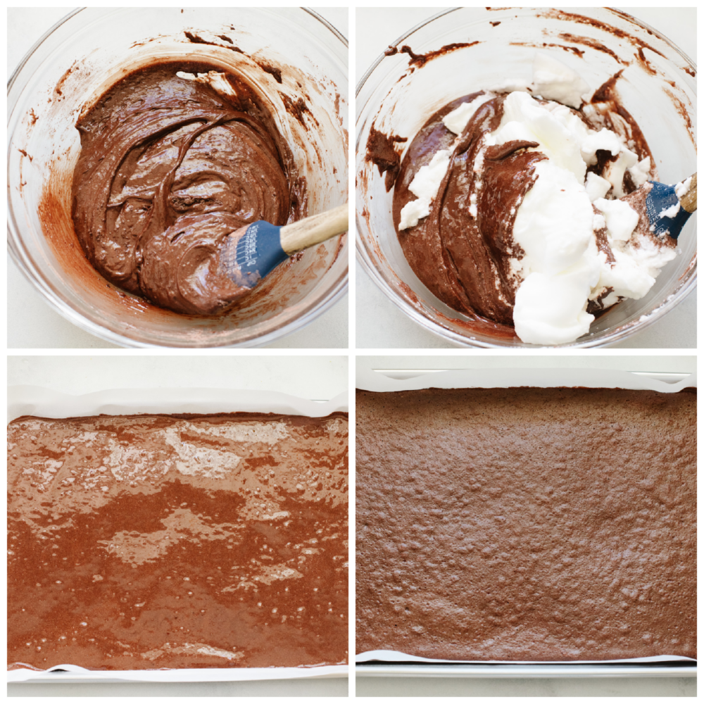 Show off your holiday spirit by baking this amazing yule log cake! A chocolate cake rolled with a cream cheese filling and topped with a chocolate ganache... It doesn't get much better than this! 4 pictures showing how to mix up and bake chocolate cake.
