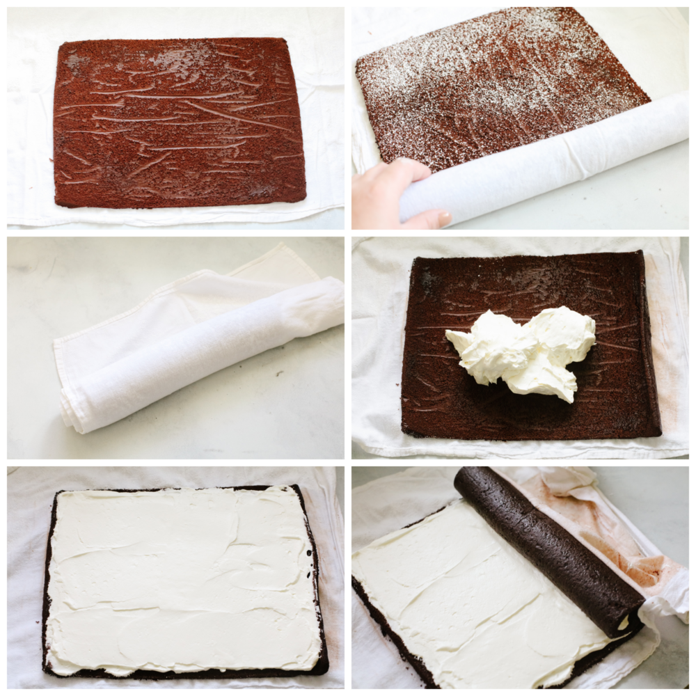 Show off your holiday spirit by baking this amazing yule log cake! A chocolate cake rolled with a cream cheese filling and topped with a chocolate ganache... It doesn't get much better than this! 6 pictures showing how to roll and fill a yule log cake.