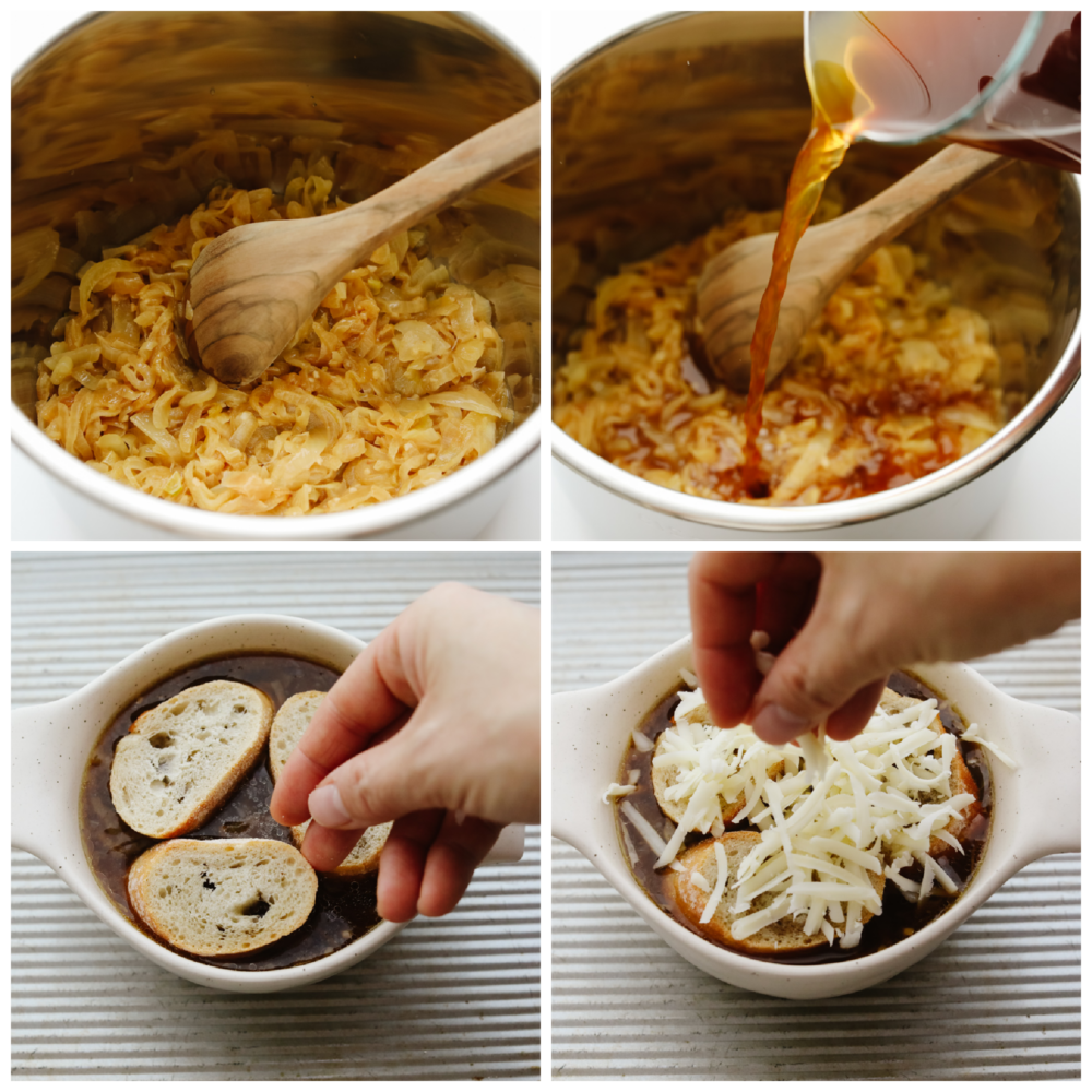 French onion soup is a classic that you can now easily cook in your instant pot! Flavored to perfection and topped with delicious cheese this soup will warm you up on any cold winter day. 4 pictures showing steps on how to cook and caramelize onions and top the soup with a baguette slice and cheese.