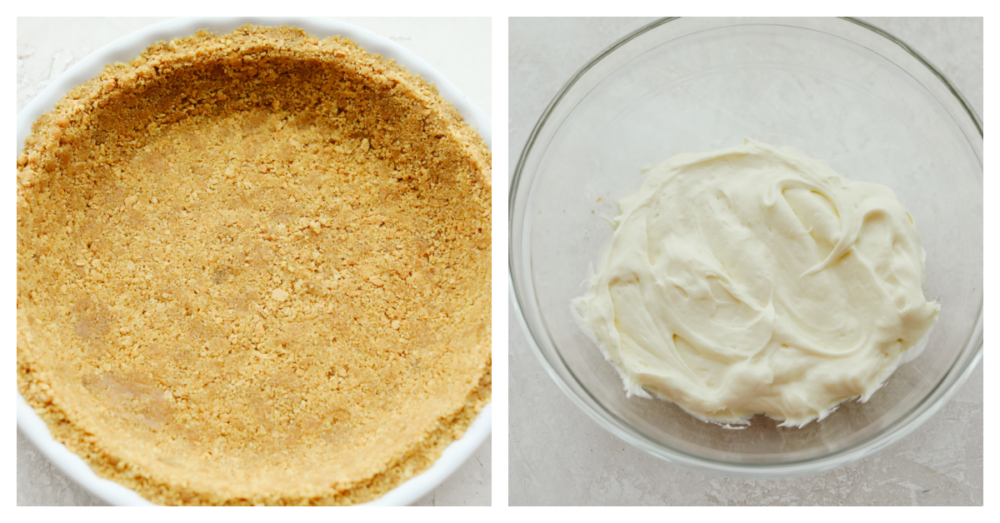 You don't even need an oven to make this banana cream cheesecake! This has a crust and a perfectly creamy filling. Top it with some whipped cream and fresh bananas and you won't be able to stop at one slice! 2 pictures showing how to make cheesecake crust and filling.