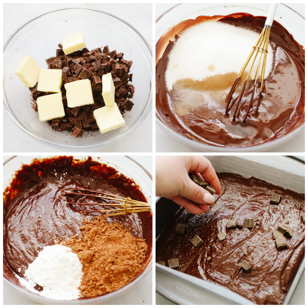 These flourless chocolate brownies are absolute heaven! The thin, chewy texture and sweet flavor are so delicious that I bet that you can't just stop at one! 4 pictures showing how to mix and pour chocolate brownie batter.