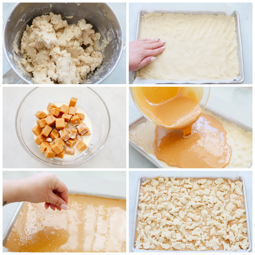 Salted caramel butter bars are the perfect easy-to-make dessert. With a buttery and crumbly shortbread crust that is topped with a smooth layer of caramel, there will be a little bit of sweet and savory in each bite! 6 step by step pictures showing how to make dough and caramel.