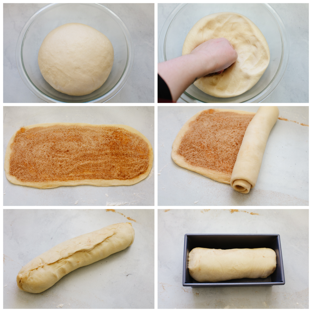 This bread not only tastes amazing but those thick cinnamon swirls make it gorgeous enough to impress any guest! WIth the perfectly golden outside and delicious cinnamon flavor on the inside, you will come back to this again and again! 6 pictures showing how to make the dough, spread it, roll it and put it in the pan.
