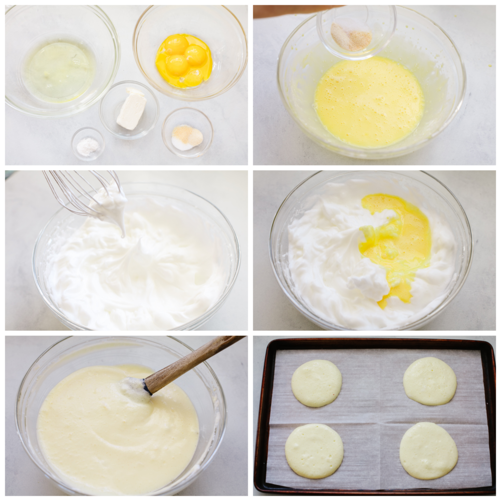 Whipped and airy, this cloud bread really fits its name! It's so delicious and savory that it goes with just about everything. Bake this up and watch it fly off of your table! 6 pictures showing steps on how to make the bread batter.