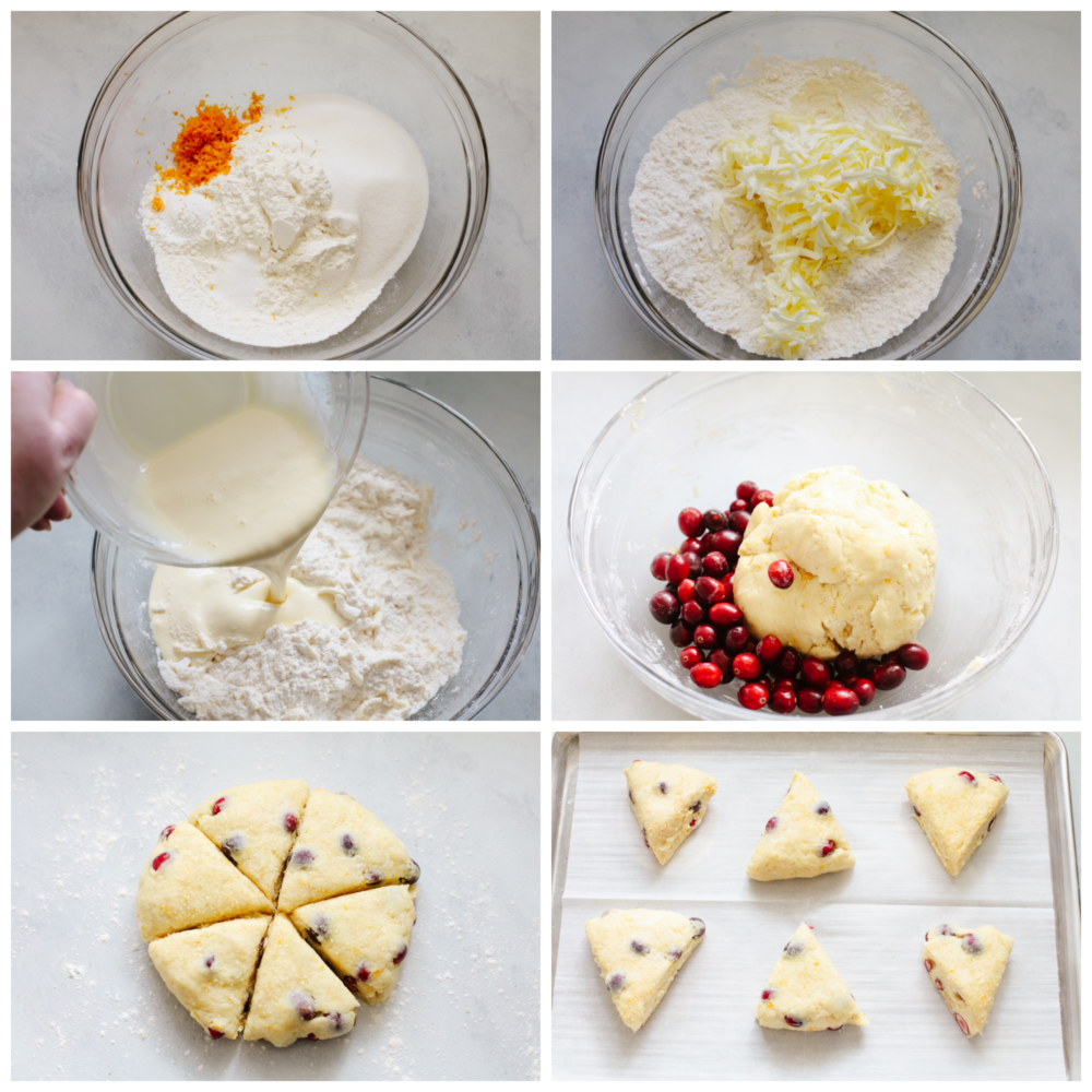 These cranberry orange scones are perfectly soft and fluffy on the inside and crisp and crunchy on the outside. They are bursting with cranberry and orange flavor and make the perfect breakfast! 6 pictures showing how to make scone dough.