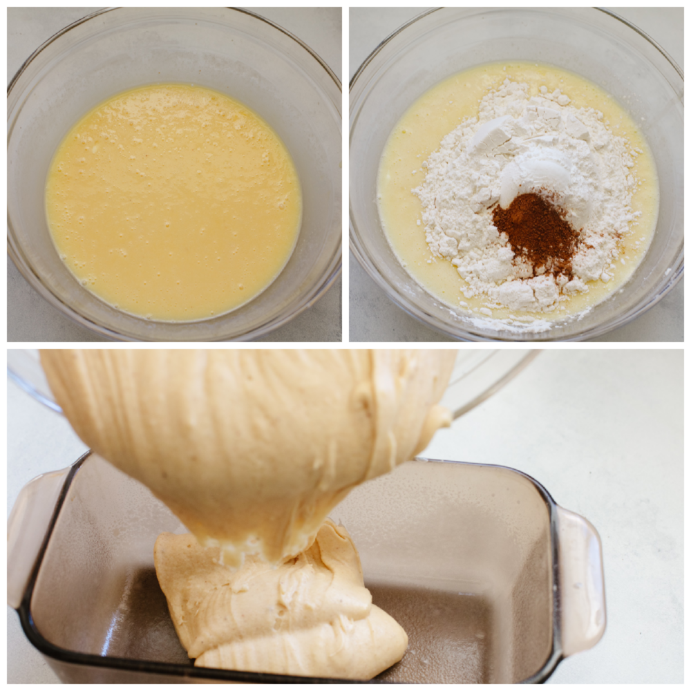The subtle taste of eggnog in this quick bread is amplified with the ooey-gooey eggnog glaze that is drizzled on top. It's the perfect simple and easy holiday treat! Three photos with bowls in the process of making eggnog bread.