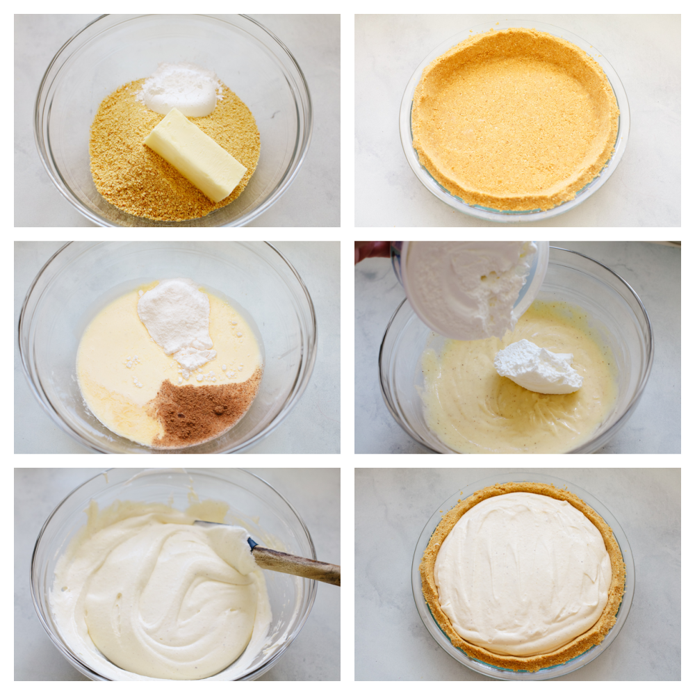 No-bake eggnog pie really takes the festivities of the season up a notch! Creamy, delicious, and made with the perfect eggnog flavor, this pie will be a hit at all of your parties! 6 pictures showing how to make pie filling and put it into the crust.