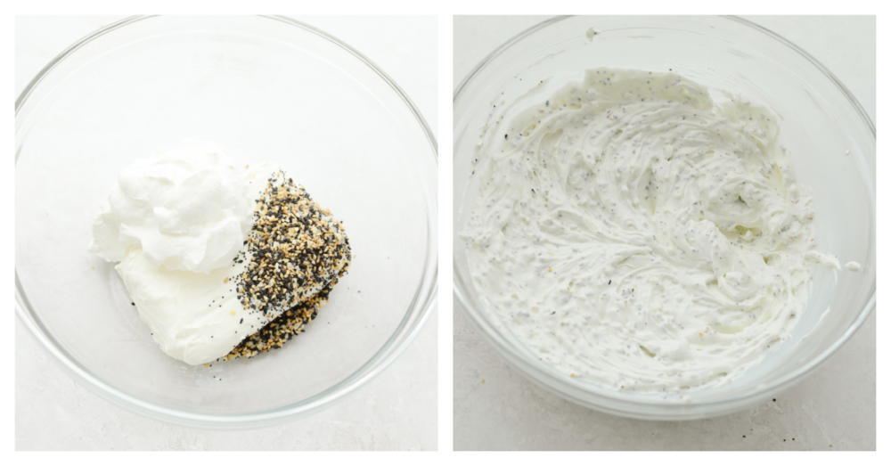 This creamy everything bagel dip is THE BEST dip out there! Bring it as an appetizer that everyone will enjoy and it will fly off of the table! 2 pictures showing ingredients added to the bowl and the next picture showing them all mixed up.