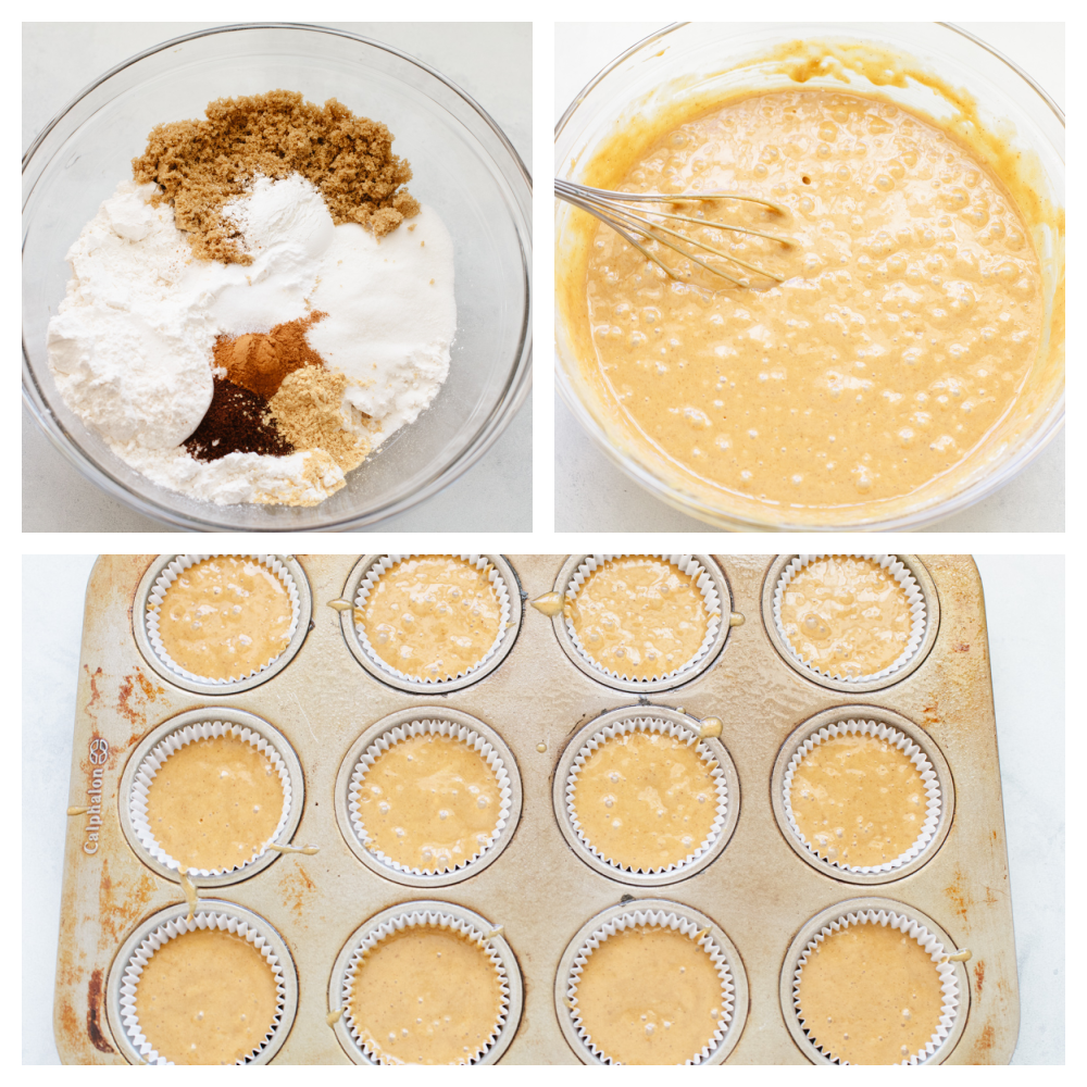 These gingerbread cupcakes are fun, festive, and perfect for the holiday season! It's a moist and tender gingerbread flavored cupcake that is topped with a delicious white chocolate buttercream that everyone will go crazy over. 3 pictures showing how to mix and pour cupcake batter.