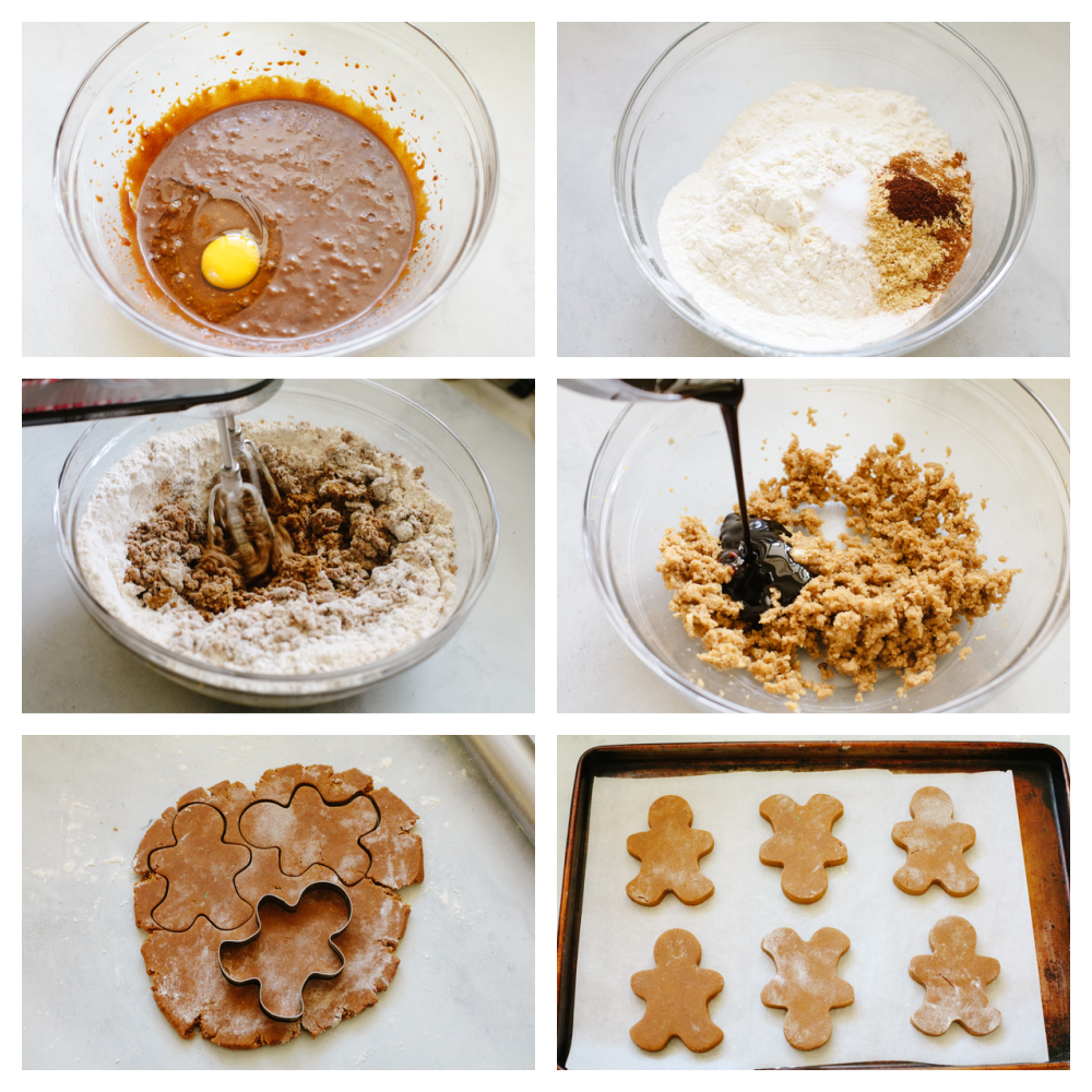 Soft and chewy gingerbread cookies are my favorite Christmas treat to decorate with my kids. They're just as delicious to eat as they are cute to look at! 6 pictures showing steps on how to make cookie dough and cut them into gingerbread men.