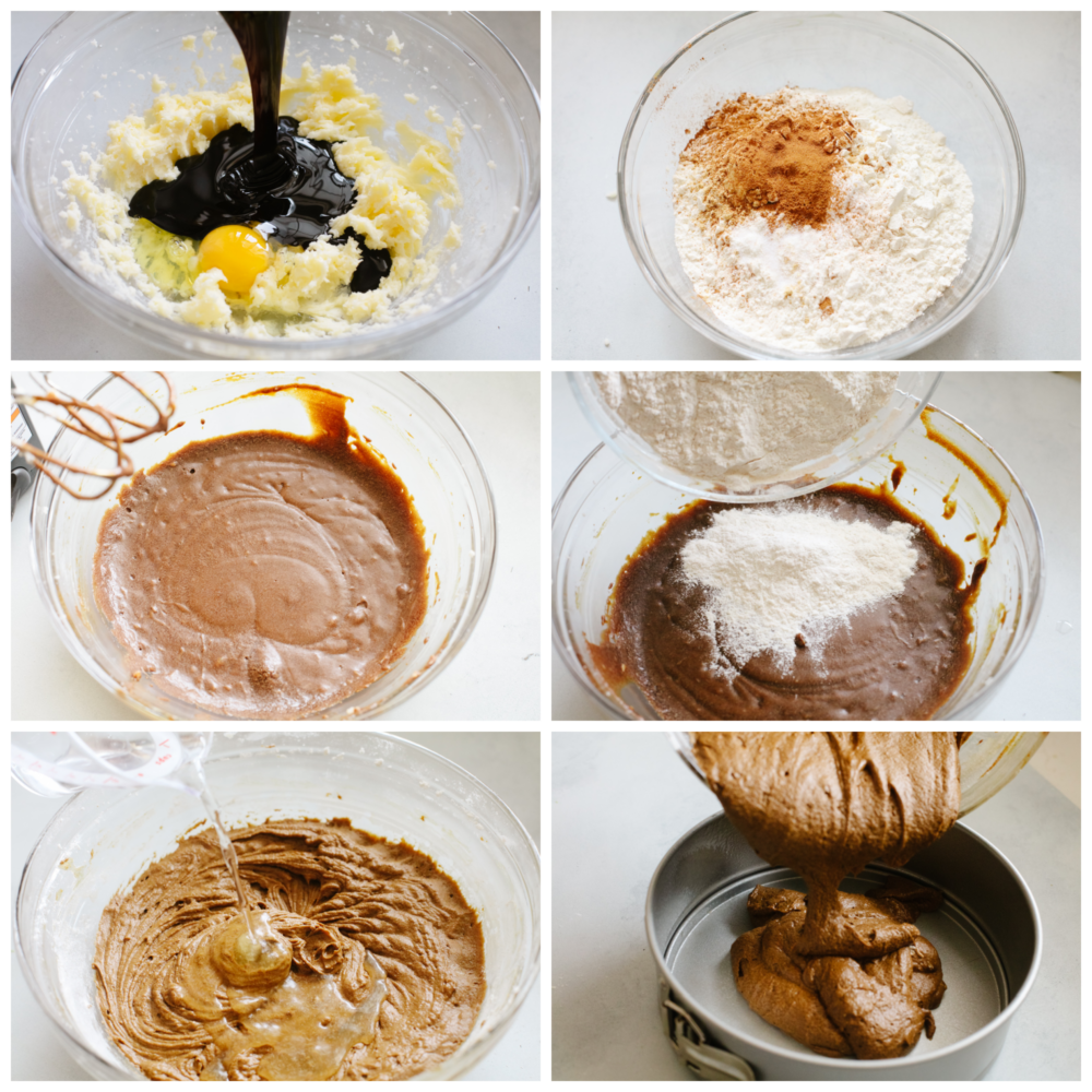 This warm gingerbread cake is made of up delicious and classic holiday flavors. Topped with a homemade caramel sauce, it melts in your mouth and flies off of the table. Your guests will love it! 6 pictures showing steps on how to make gingerbread cake batter.