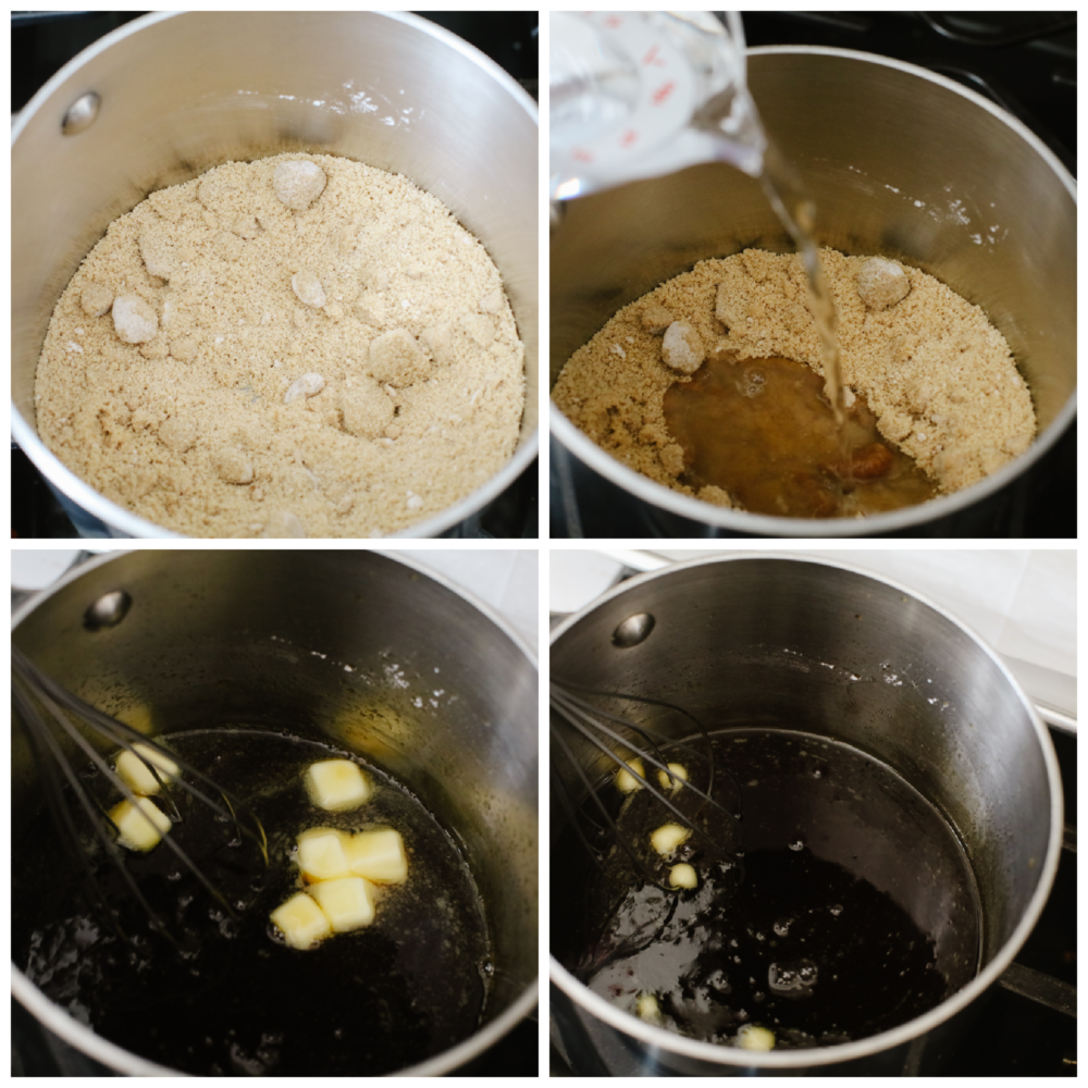 This warm gingerbread cake is made of up delicious and classic holiday flavors. Topped with a homemade caramel sauce, it melts in your mouth and flies off of the table. Your guests will love it! 4 pictures showing how to make caramel sauce on the stove.