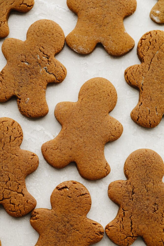 Soft and chewy gingerbread cookies are my favorite Christmas treat to decorate with my kids. They're just as delicious to eat as they are cute to look at! Gingerbread cookies out of the oven (not decorated).