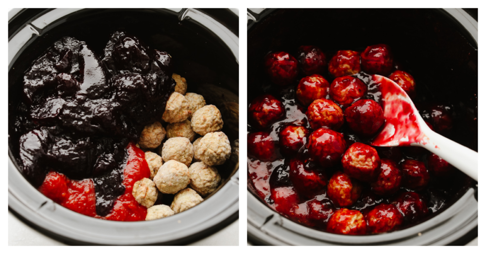 These grape jelly meatballs are so simple and easy and my whole family loves them! They pack so much flavor and are the perfect meal or appetizer for any occasion! 2 pictures showing how to add meatballs and stir them up with grape jelly and chili sauce.