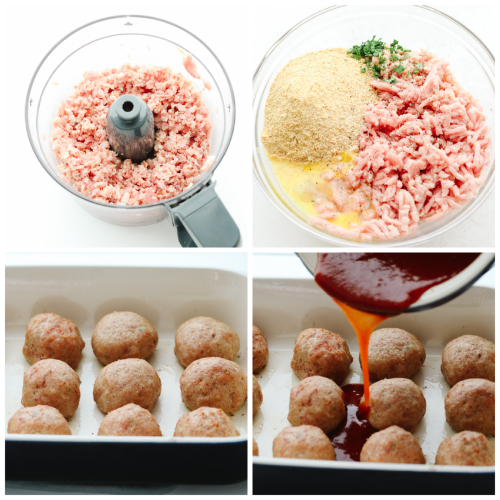 This tasty midwestern dish is ready to win the hearts of your family! With a thick, zesty brown sugar glaze, these delicious ham balls are the best addition to your dinner rotation! Photos of preparing ham balls and covering them in brown sugar tomato sauce.