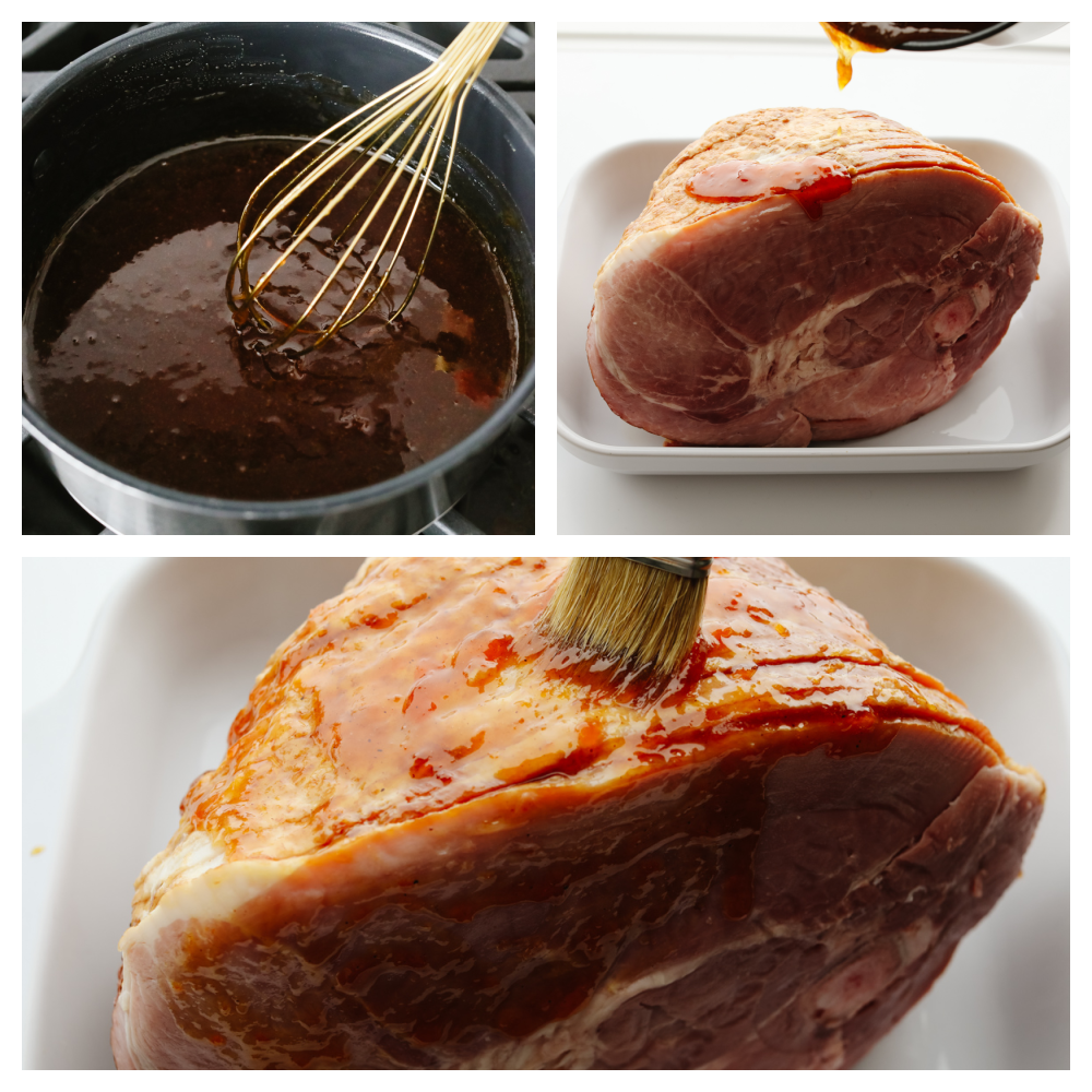If you are looking for the perfect ham to be the star of your Christmas dinner, this apricot glazed ham is it! It has a delicious apricot glaze drizzled on top and it's baked to perfection. 3 pictures showing how to make a glaze and brush it on the ham.
