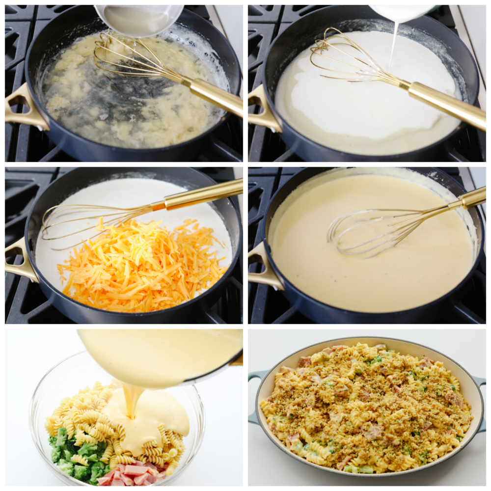 If you have leftover ham from your holiday dinner then this cheesy ham casserole is for you! Delicious noodles topped with cheese sauce, ham, broccoli, and crispy bread crumbs, this dish will be a family favorite! 6 pictures showing how to make the cheese sauce and pout it onto the noodles.