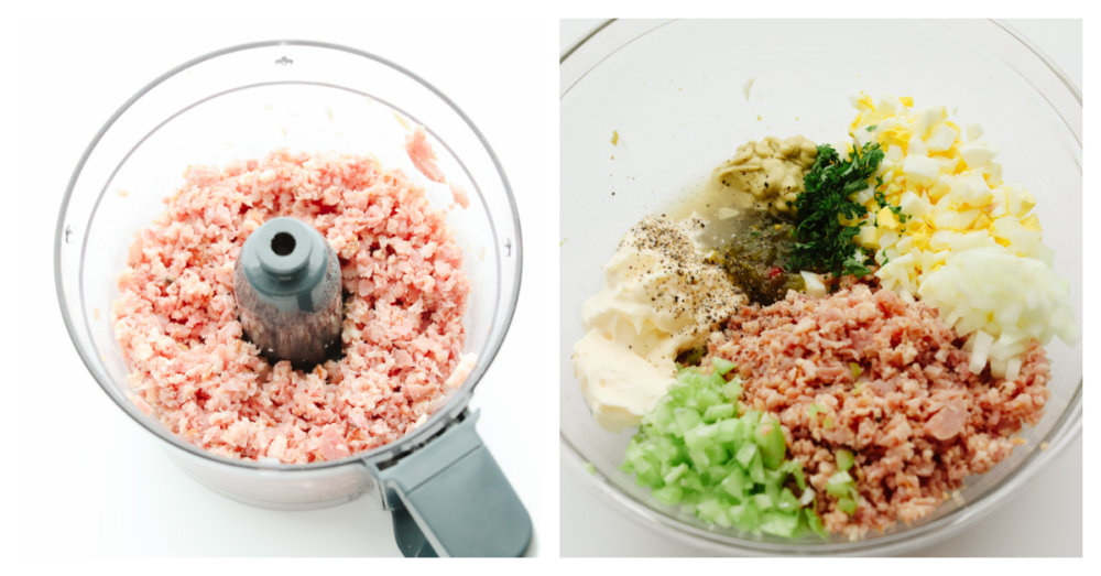 This amazing ham salad is filled with so much flavor! Super simple and easy to make, use some leftover ham and you can whip this up for lunch in under 10 minutes!ย 2 pictures showing ham in a food processor and then all of the ingredients in a bowl.