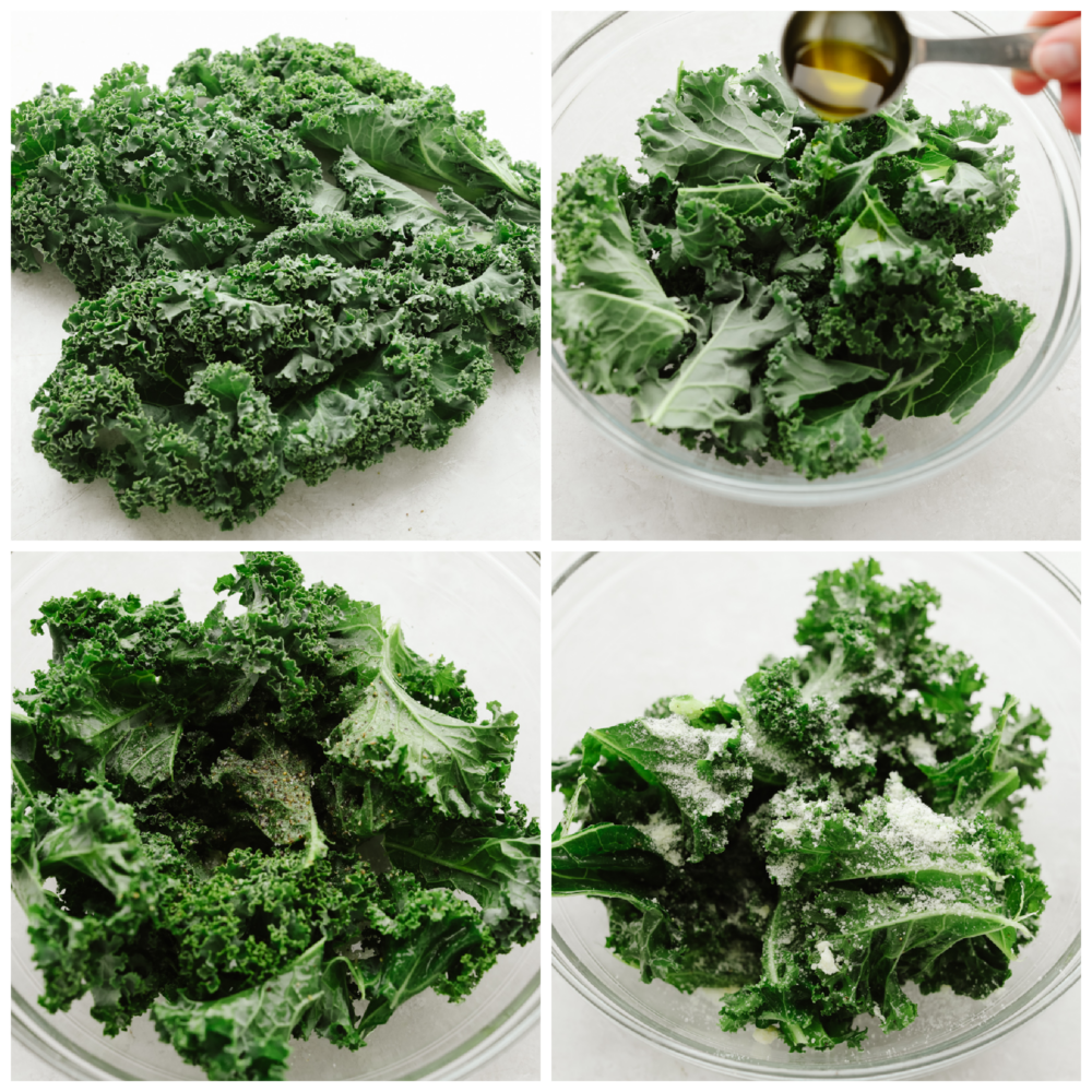Crispy and seasoned perfectly with parmesan cheese, these kale chips that you cook in the air fryer are the BEST snack. They are quick and easy to make and I bet that you can't stop at just one! 4 pictures showing how to season kale with oil, salt and pepper and parmesan.
