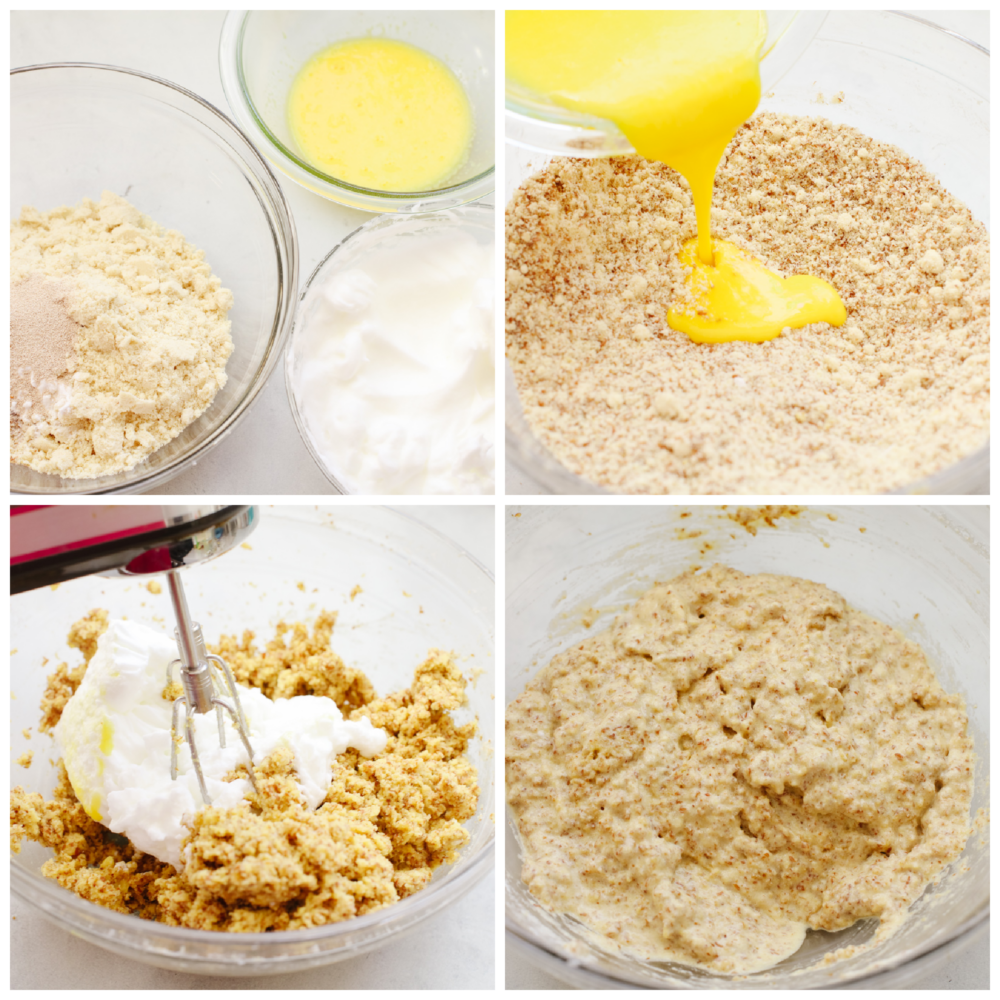 This keto bread is simple and full of delicious flavor! The ingredients are super healthy but that doesn't take away from its amazingly moist texture and taste! 4 pictures showing how to make keto bread dough.