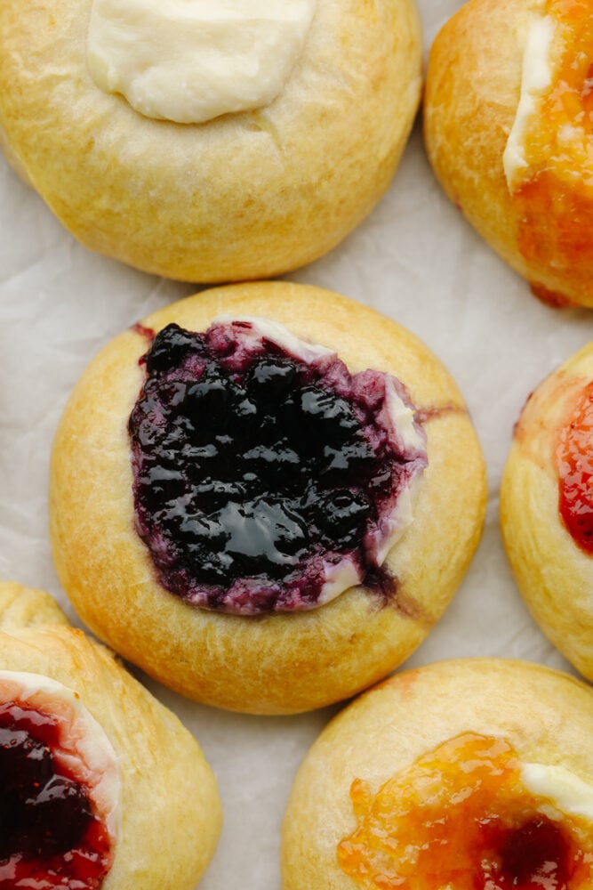 These delicious dough-filled, buttery soft kolaches pack a punch of flavor. This recipe is a tried and true favorite that will be a hit with your entire family! A zoomed in picture of a blueberry, cream cheese kolache.