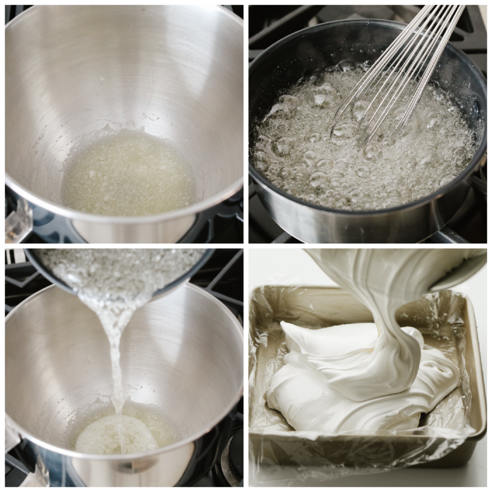 Once you make marshmallows from scratch, you'll never go back! These homemade marshmallows are ultra-soft and delicious, ready for hot chocolate and s'mores! Preparing syrup, gelatin, and pouring marshmallow cream into a pan.