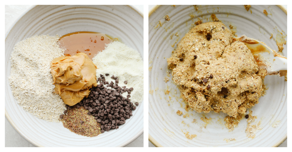 Protein balls are a delicious no-bake treat! Start your new year right by snacking on these tasty, healthy bites loaded with chocolate chips and peanut butter! Protein ball ingredients in a white bowl being mixed together.