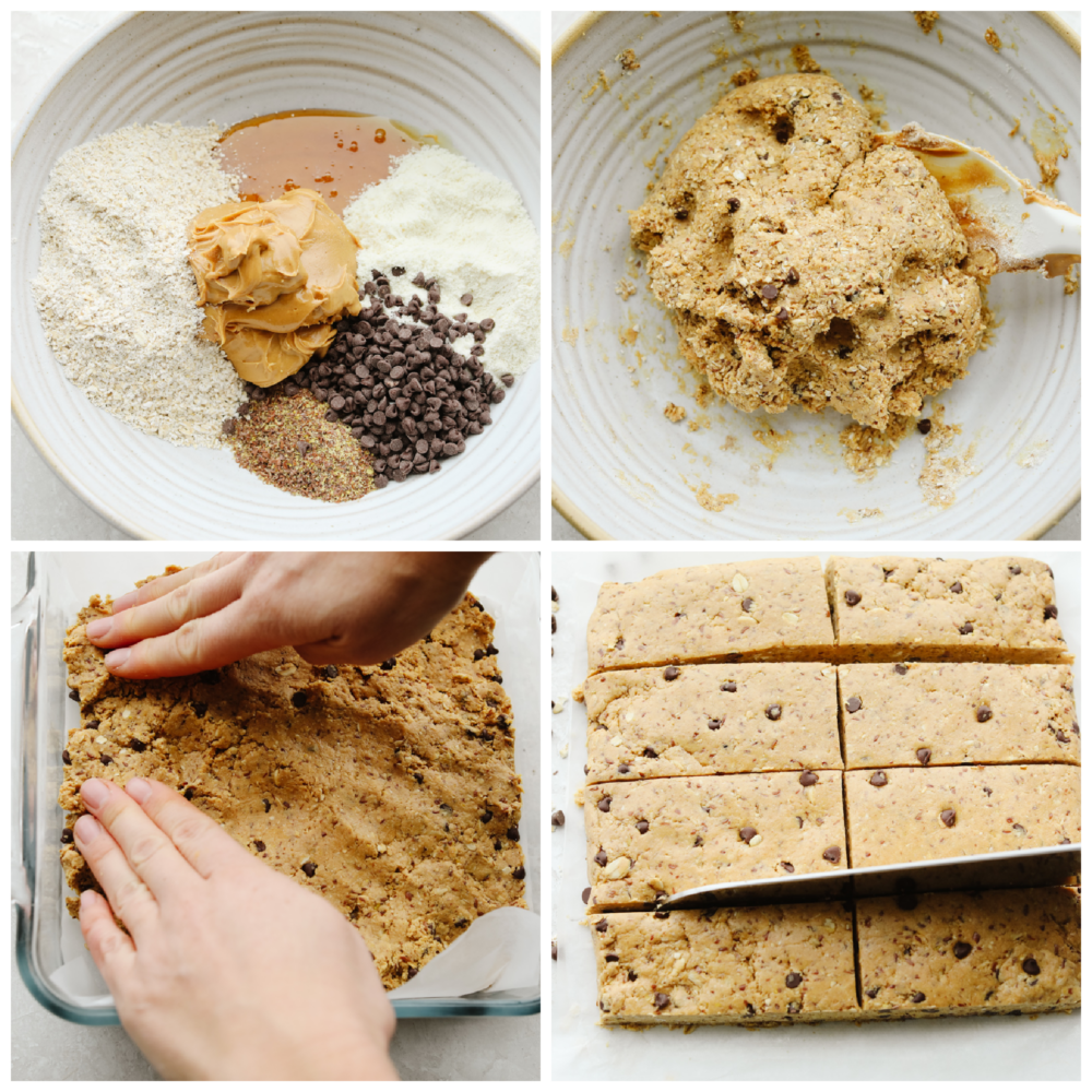 These healthy and easy to put together protein bars are the perfect snack to start the year off right! It's so simple and delicious, you will never buy them from the store again! 4 pictures showing how to mix all of the ingredients, form them into a pan and cut them into bars.